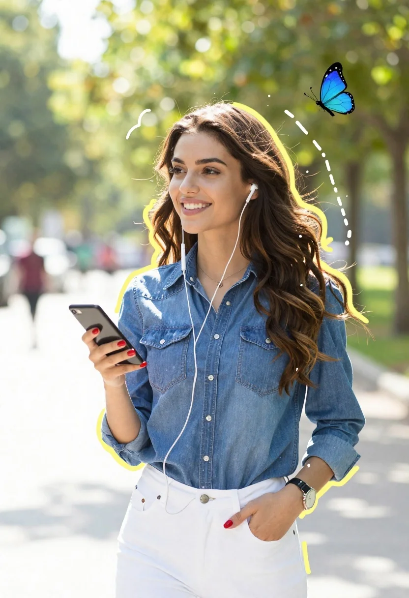 Smiling young woman in denim shirt listening to music outdoors - AI generated image prompt sample
