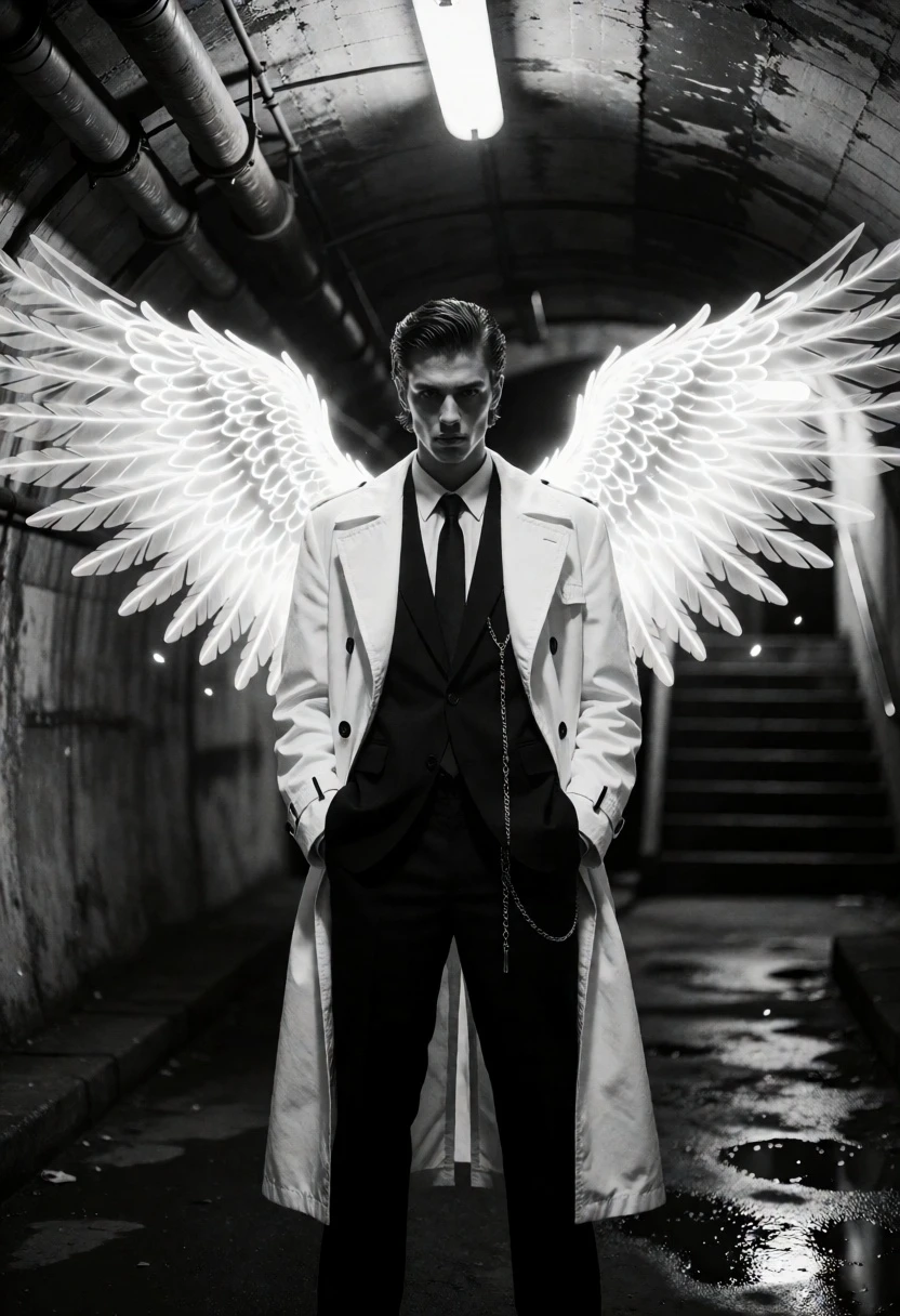 Man with massive glowing wings standing in a dimly lit concrete tunnel - AI generated image prompt sample