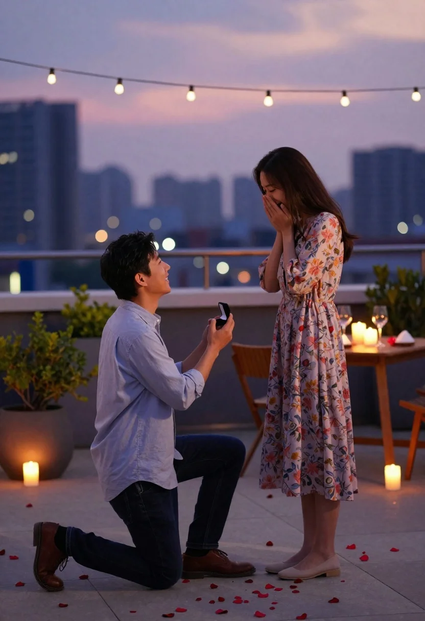 Man proposing to woman on rooftop terrace at dusk with city skyline - AI generated image prompt sample
