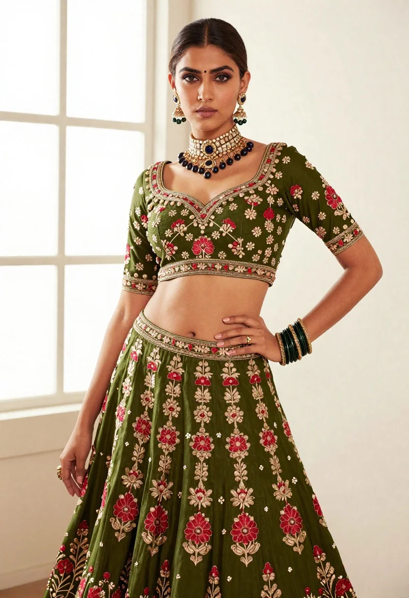 Woman in olive green lehenga choli posing indoors with natural light