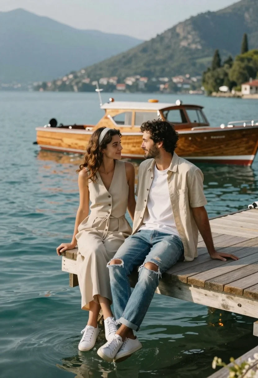 Romantic couple sitting on wooden dock by turquoise lake and mountains - AI generated image prompt sample