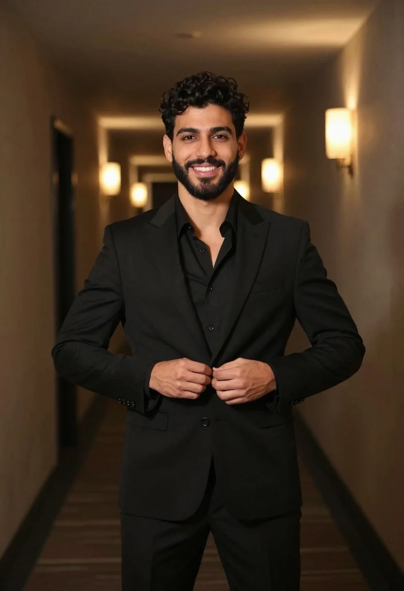 Confident man in black suit adjusting jacket in dimly lit stone hallway - AI generated image prompt sample