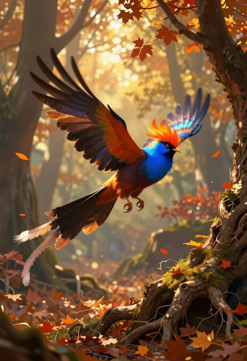 Fantasy bird flying through autumnal forest woodland