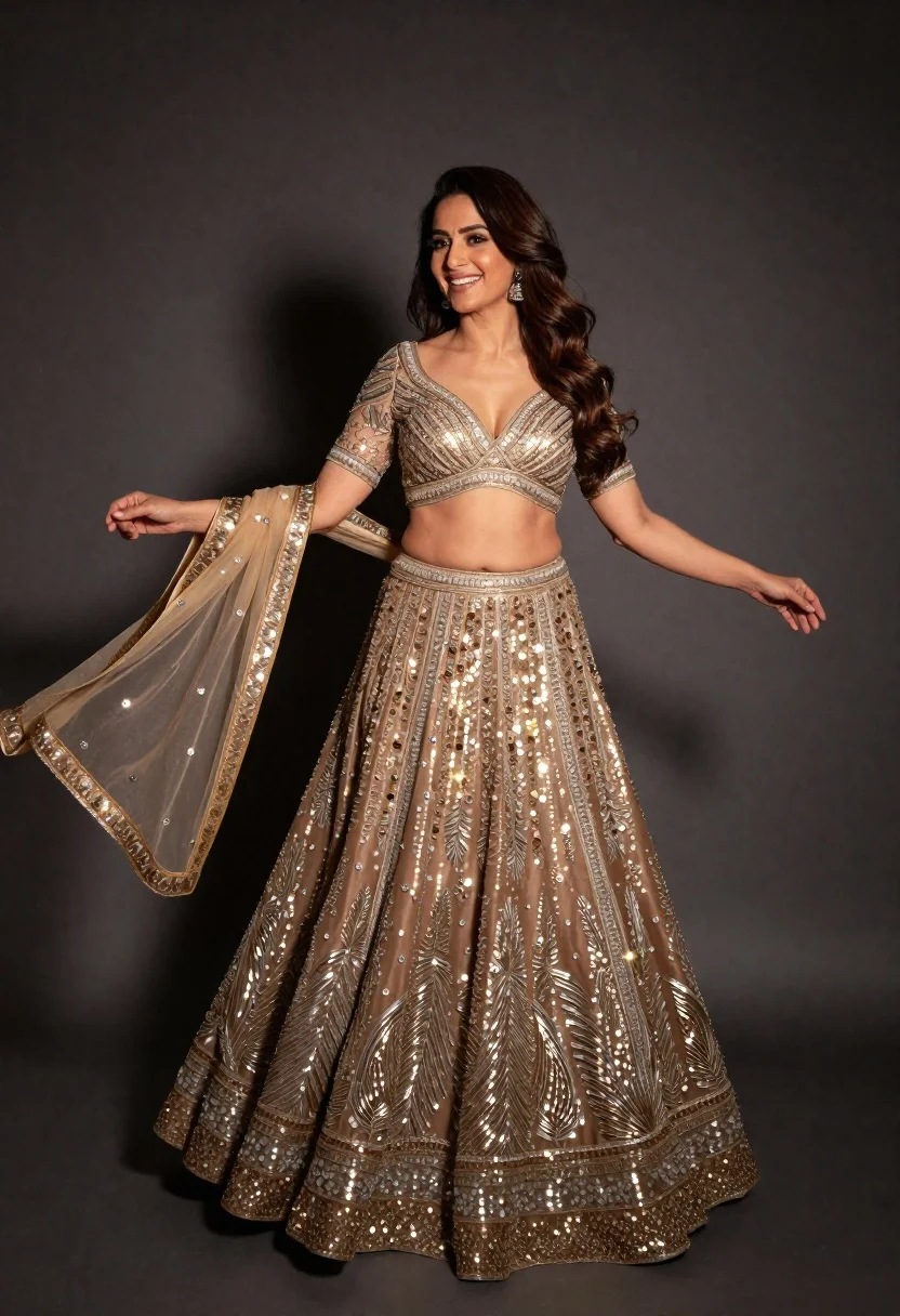 Full body portrait of smiling woman in elaborate gold lehenga choli