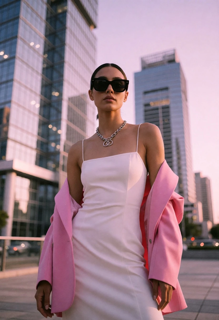 Poised woman in white slip dress against towering glass skyscrapers at sunset - AI generated image prompt sample