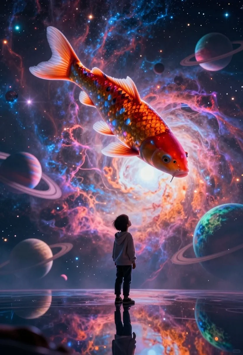 Child looking up at massive koi fish in cosmic nebula digital art - AI generated image prompt sample