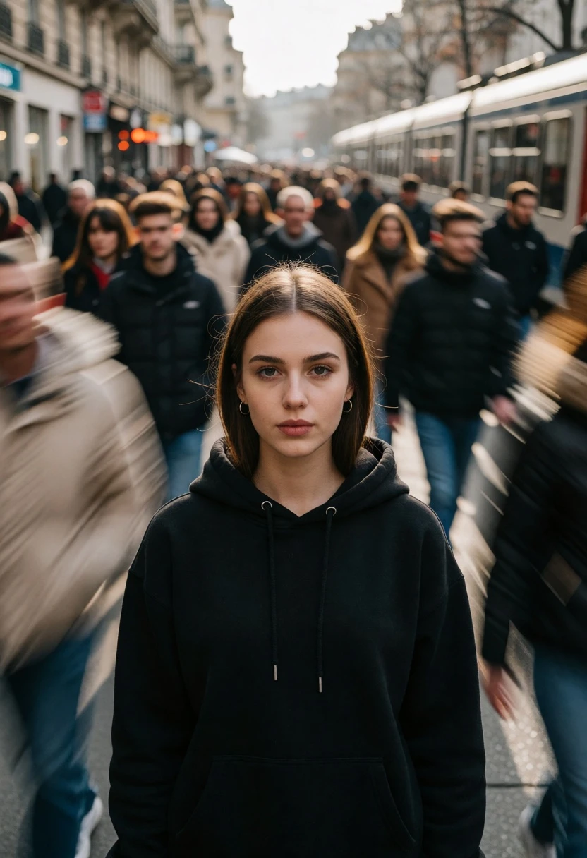 Young woman standing still on busy street amidst motion blurred crowd - AI generated image prompt sample