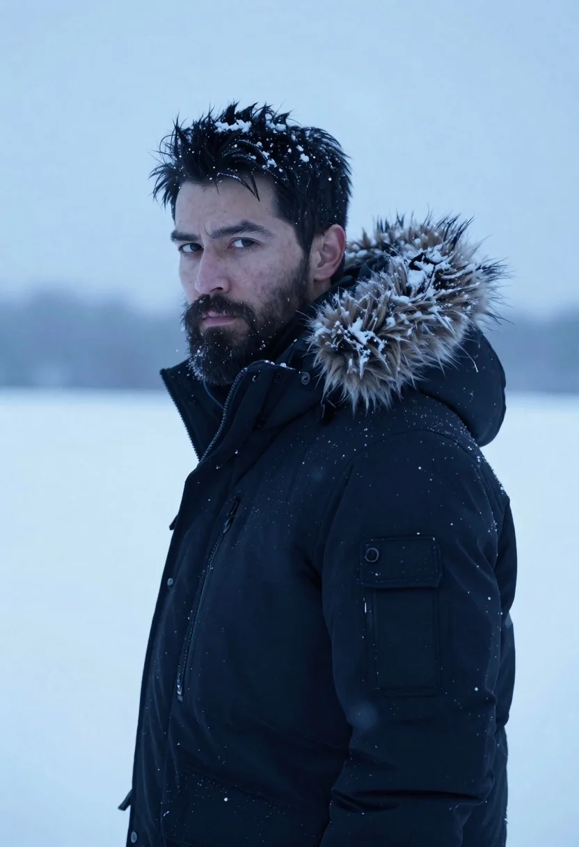 Rugged man with dark hair and beard stands in snowy landscape looking - AI generated image prompt sample
