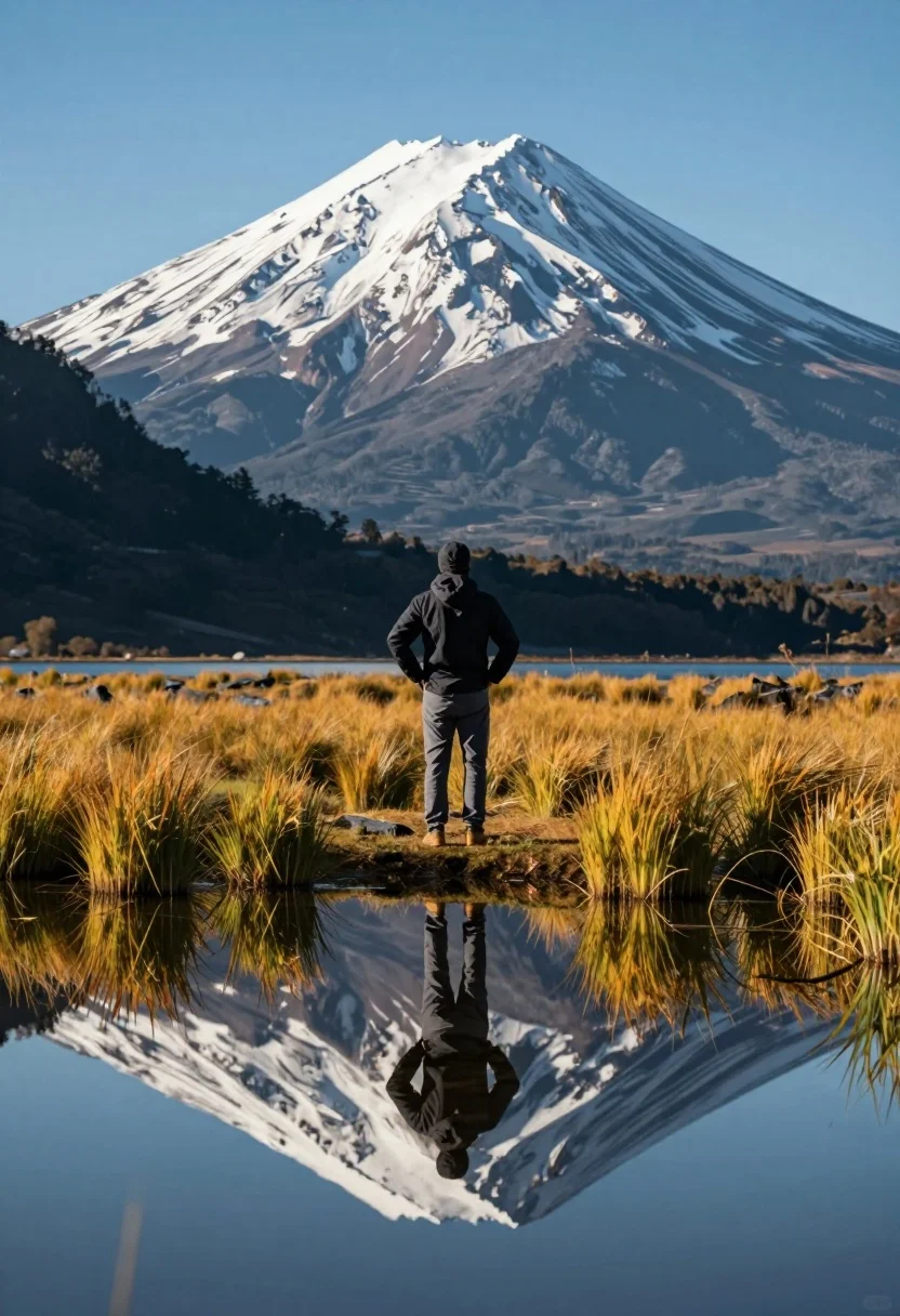 Hiker viewing massive snow capped mountain reflected in calm lake at low - AI generated image prompt sample