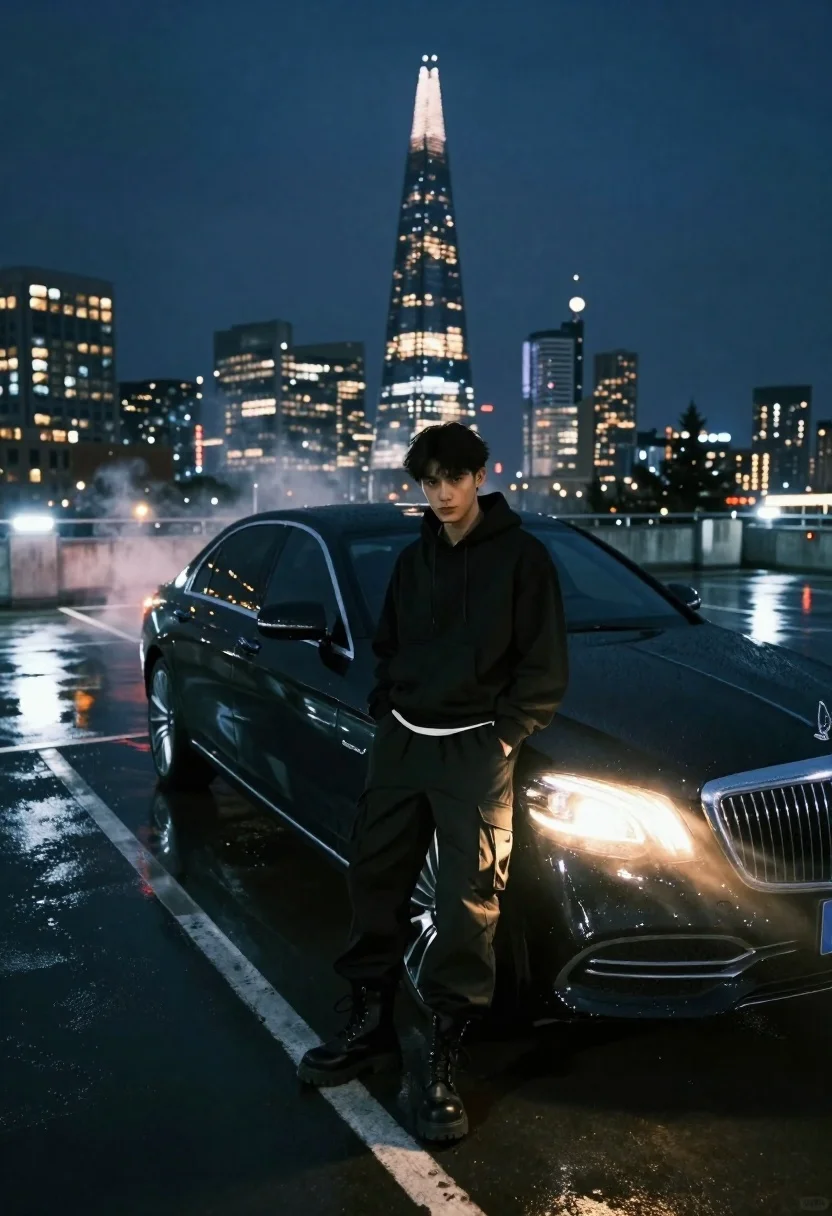 Young man in black outfit by luxury sedan on wet rooftop at - AI generated image prompt sample