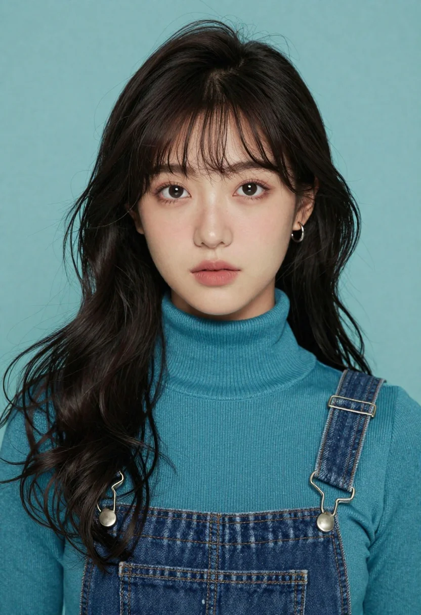 Portrait of young woman against solid teal backdrop - AI generated image prompt sample