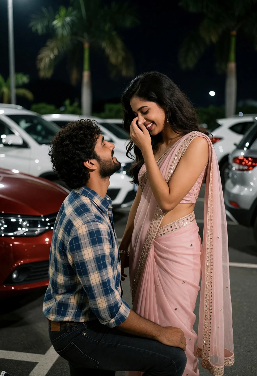 Candid night photograph of couple in parking lot with palm trees - AI generated image prompt sample