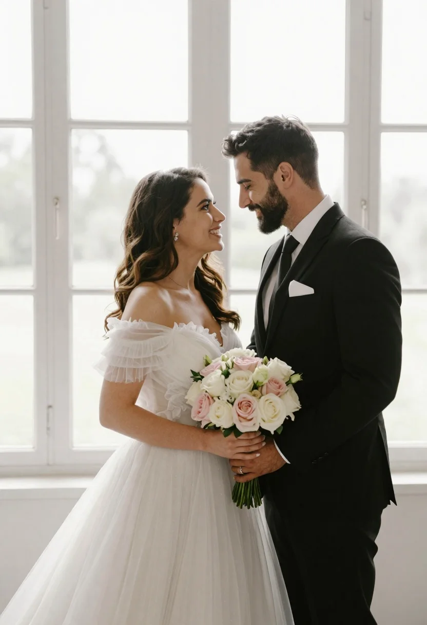 Bride and groom holding rose bouquet together in front of large window - AI generated image prompt sample