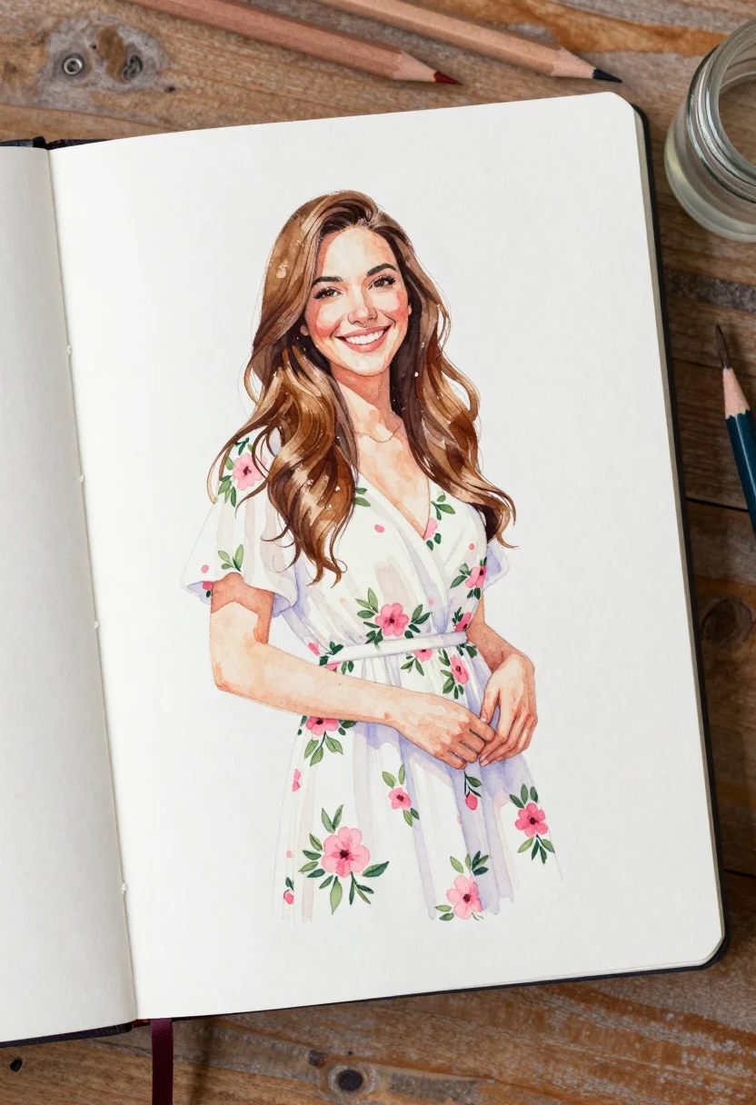 Watercolor portrait of smiling woman in floral dress on wooden table - AI generated image prompt sample