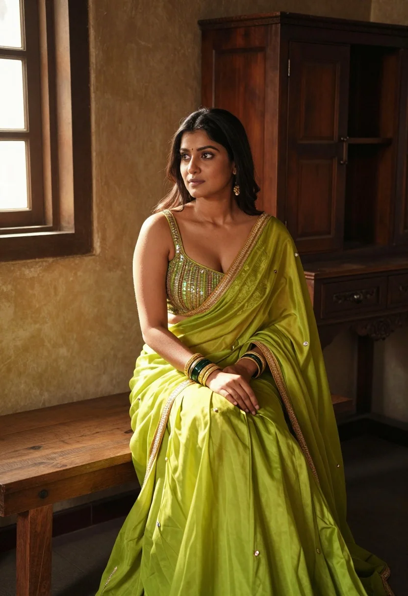Woman in lime green traditional outfit sitting on wooden bench indoors - AI generated image prompt sample