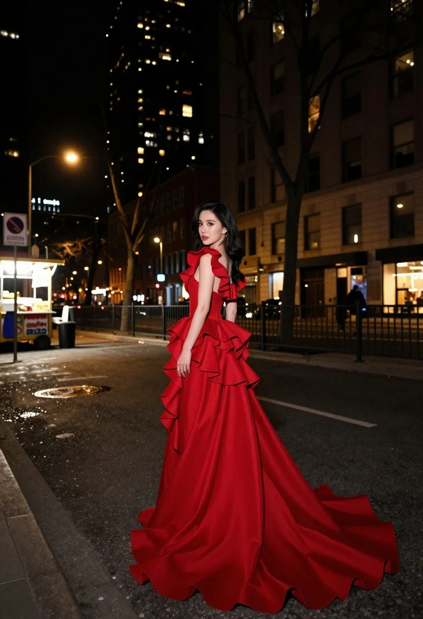 Woman in flowing red gown standing on a city street at night