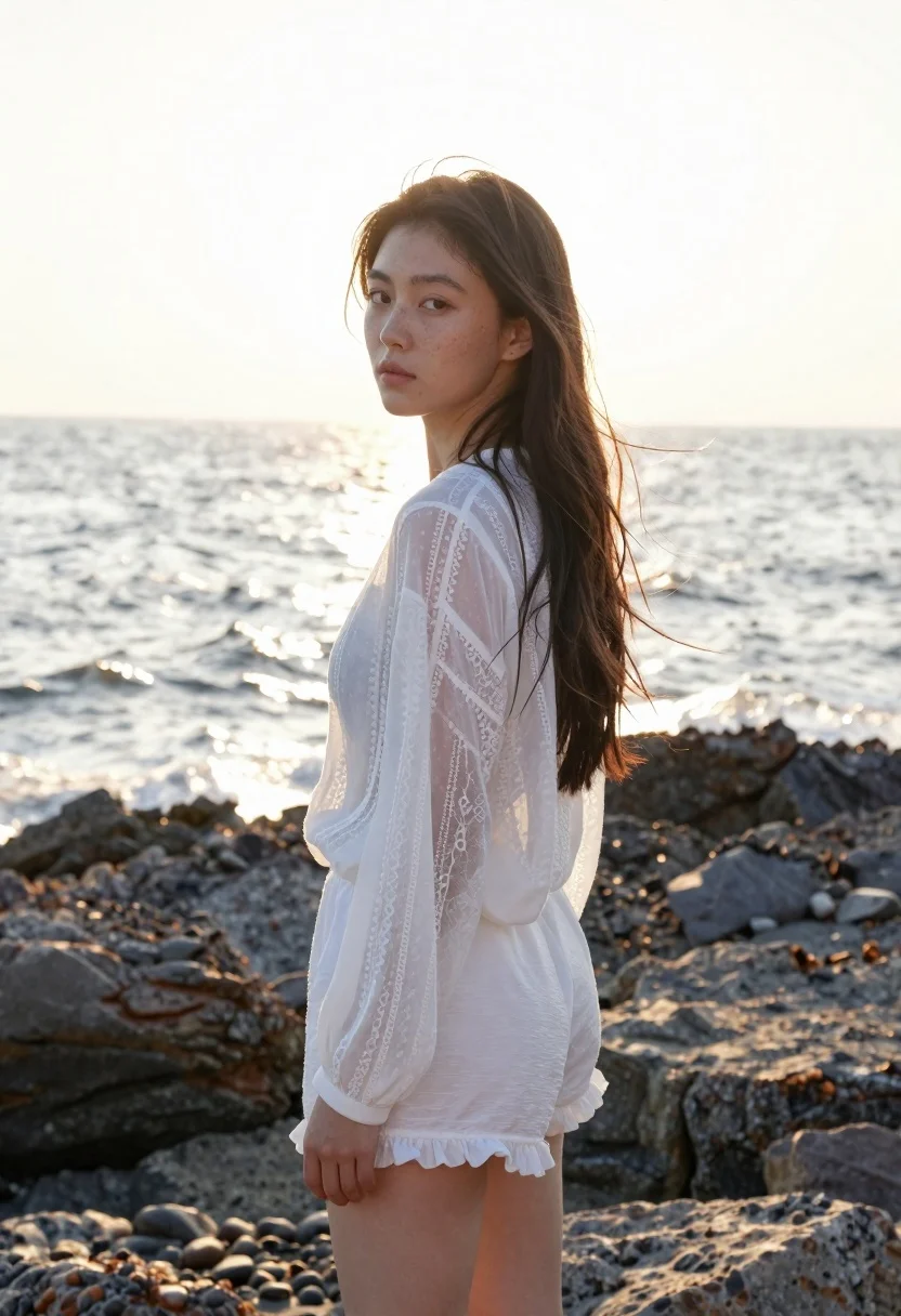 Young woman in white lace blouse standing on rocky shore at sunset - AI generated image prompt sample