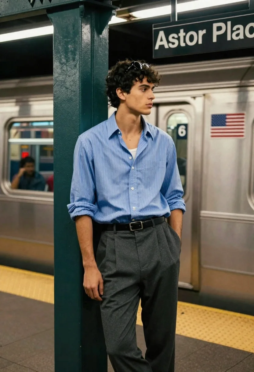 Young man standing on subway platform near passing train car - AI generated image prompt sample