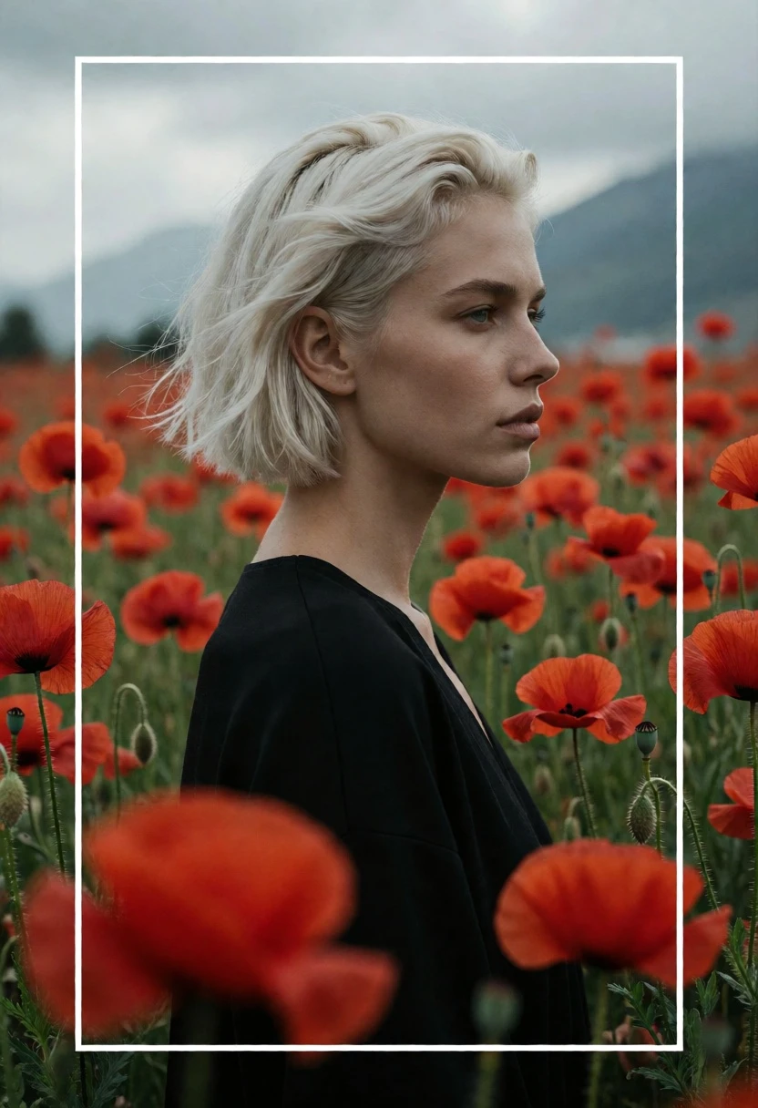 Profile portrait of woman with blonde hair among red poppies under overcast - AI generated image prompt sample