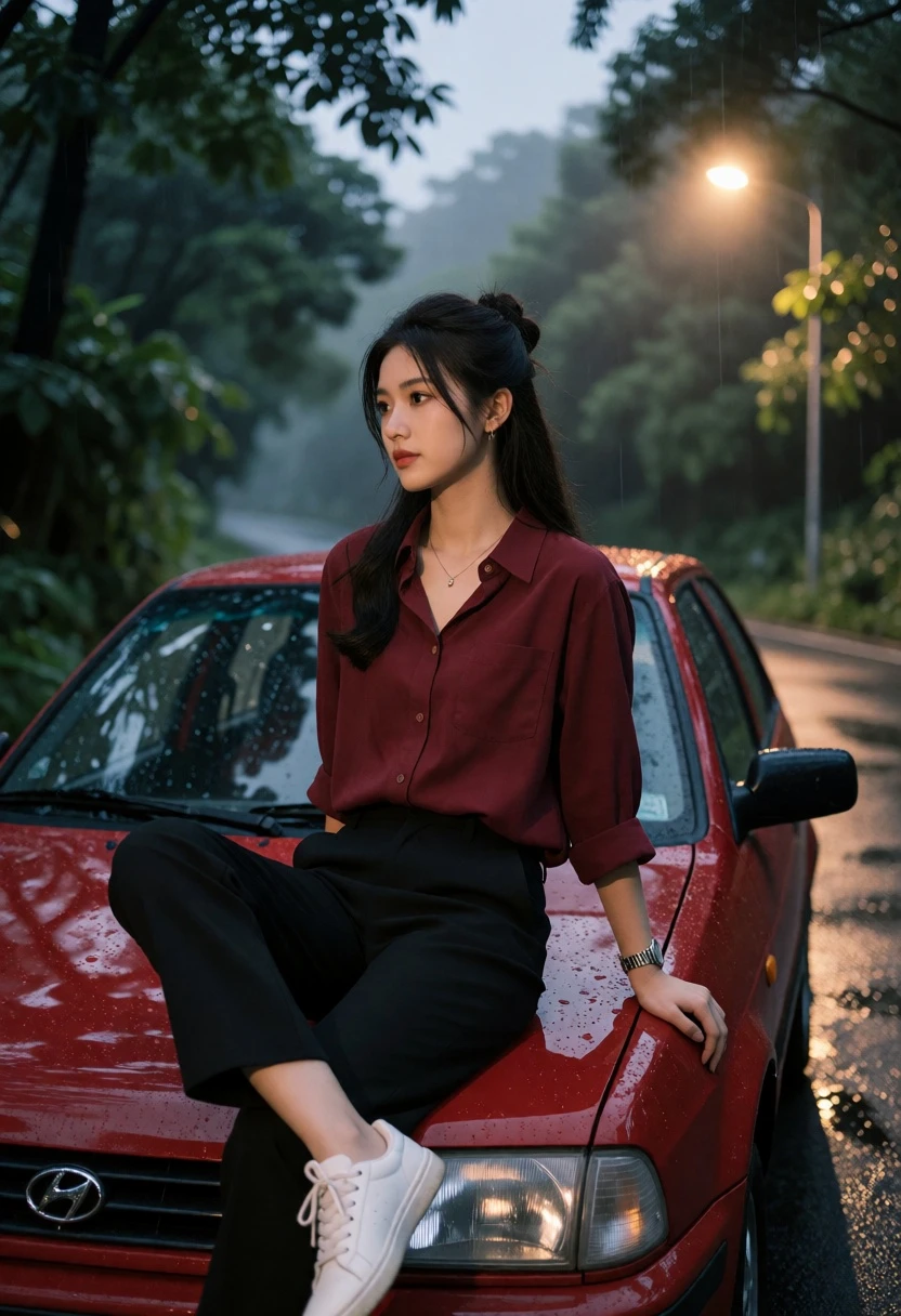 Young woman sitting on red hatchback on a misty tree lined road - AI generated image prompt sample