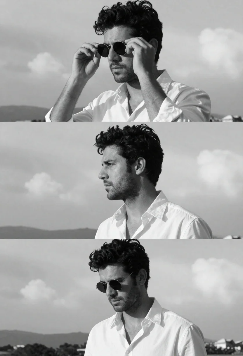 Black and white triptych portrait of man in white shirt against cloudy - AI generated image prompt sample