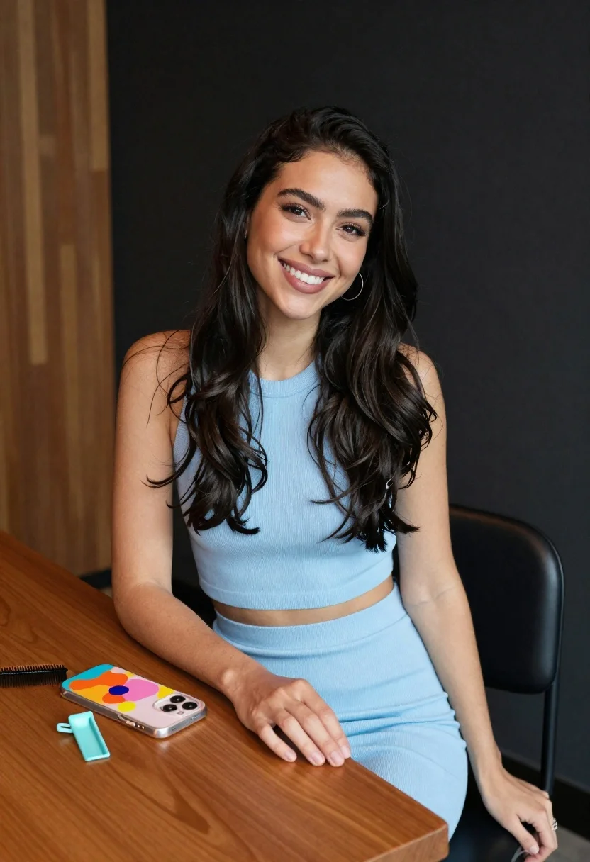 Smiling woman with dark hair at wooden table wearing blue ribbed outfit