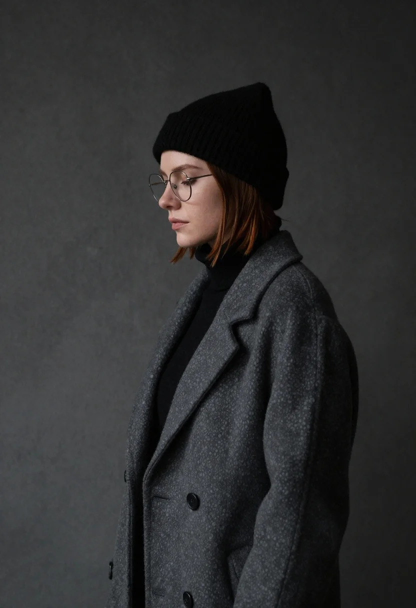 Fairskinned woman in dark coat against textured concrete wall profile - AI generated image prompt sample