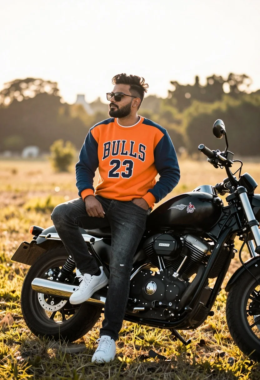 Man sitting on a black motorcycle in a grassy field at golden - AI generated image prompt sample