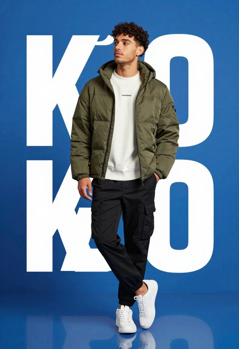 Young man in olive jacket standing confidently against blue studio background - AI generated image prompt sample