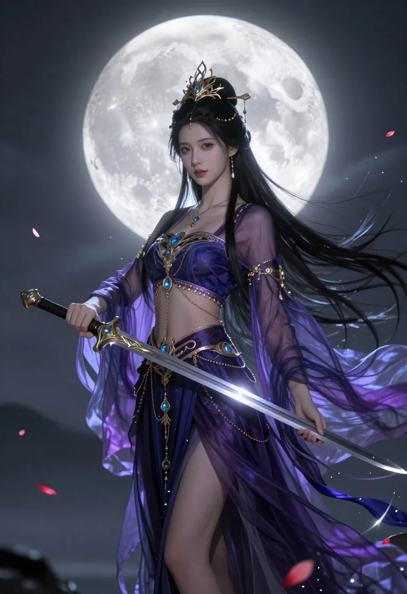 Ethereal warrior in indigo gown holding sword against luminous full moon - AI generated image prompt sample