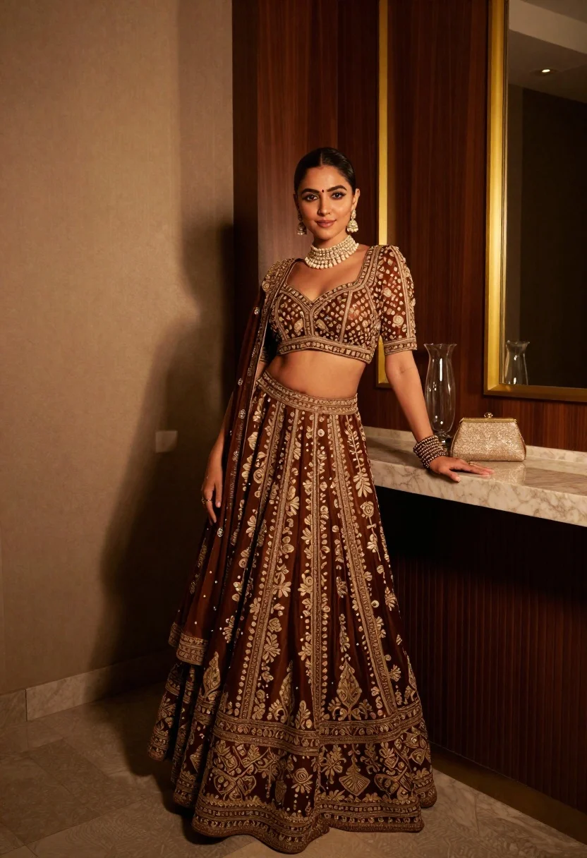 Poised woman in ornate lehenga choli against dark wood paneling interior