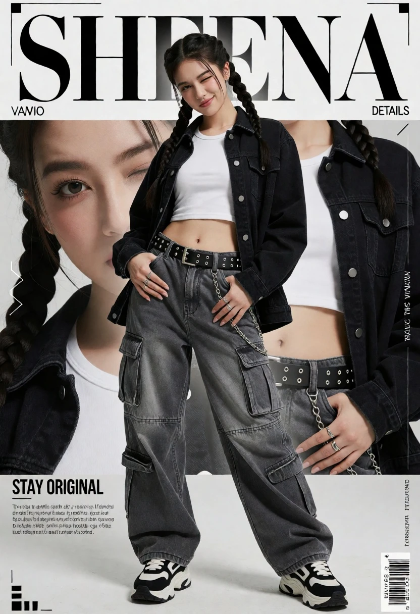 Young woman in streetwear outfit against a collage background - AI generated image prompt sample