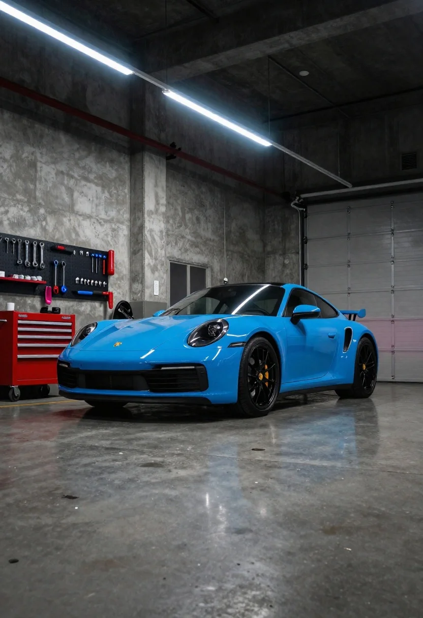 Blue sports car in industrial concrete garage setting - AI generated image prompt sample
