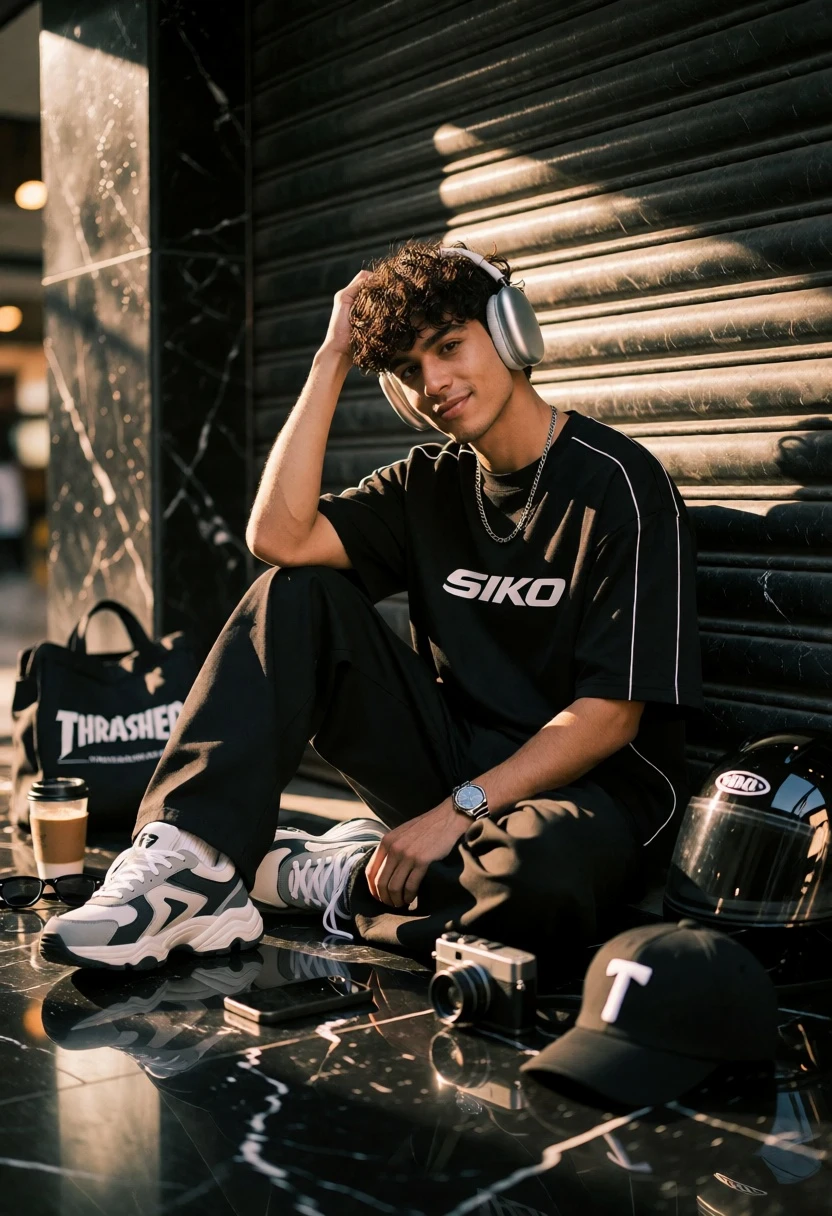 Young man sitting on marble floor near roller shutter door in alleyway - AI generated image prompt sample