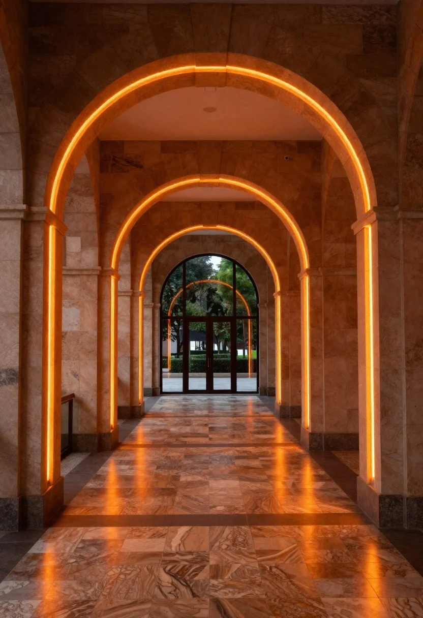 Architectural corridor with arched neon lighting and view