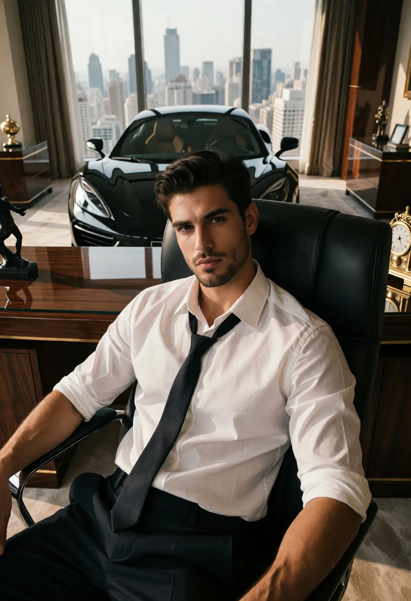 Handsome young man in office chair with sports car against city skyline - AI generated image prompt sample