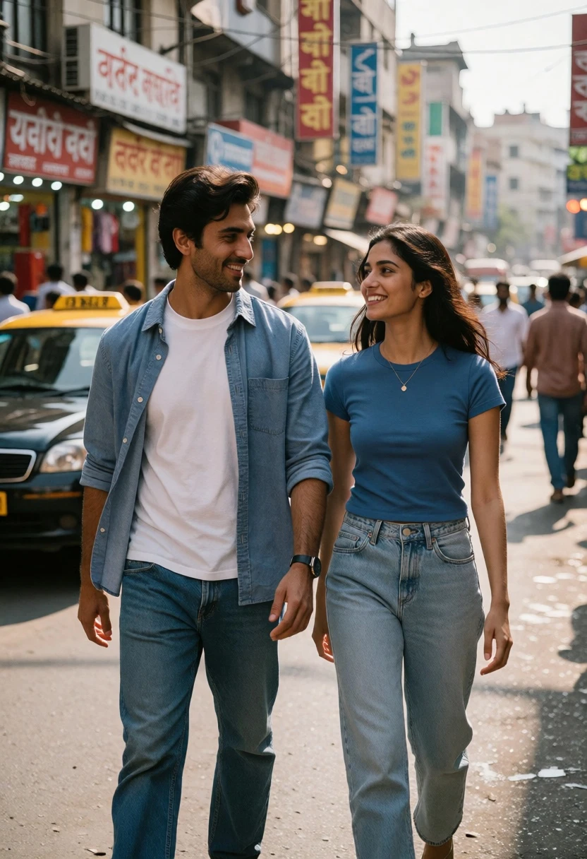 Couple walking down busy city street with yellow taxis and shops - AI generated image prompt sample