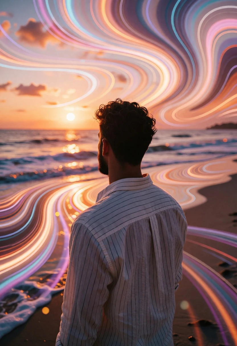 Man standing on beach viewing surreal sunset of swirling colored light - AI generated image prompt sample