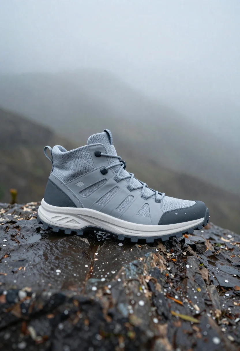 Grey and white hiking boot on wet rocky ground