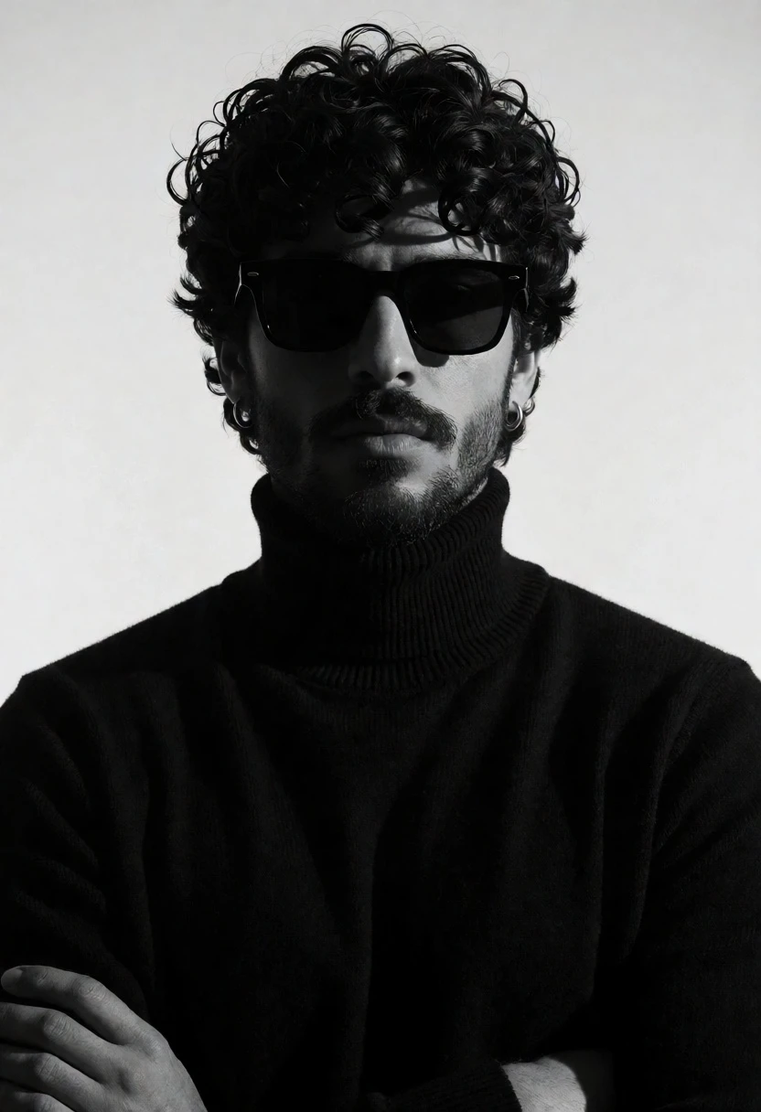 Moody portrait of man with dark curly hair in turtleneck against light - AI generated image prompt sample