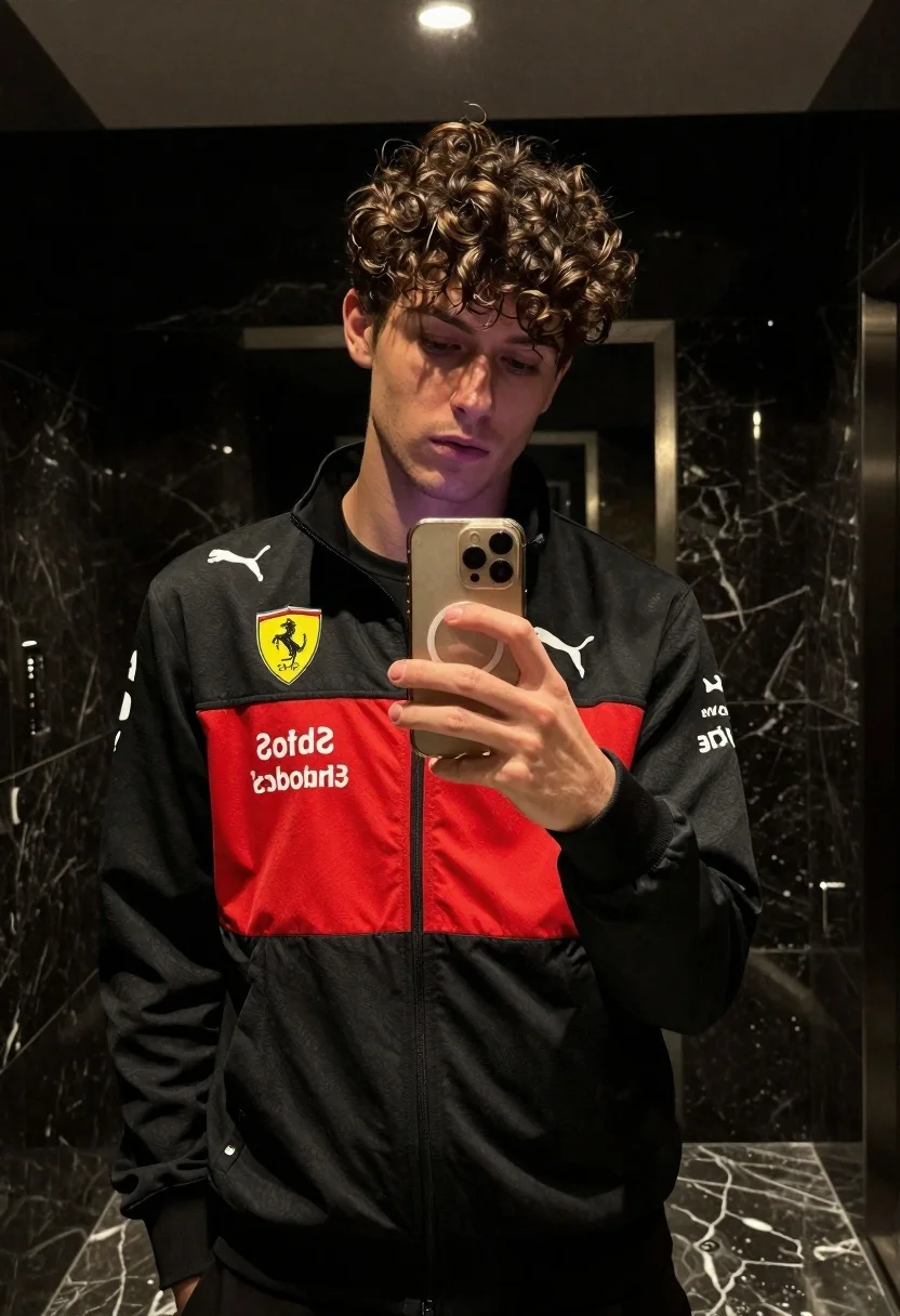 Young man taking mirror selfie in dimly lit room with marble walls - AI generated image prompt sample