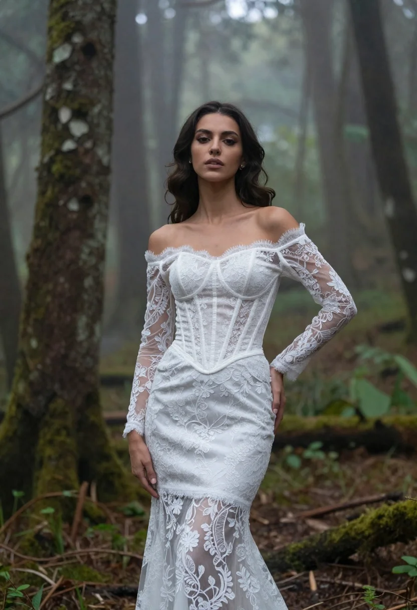 Woman in white lace gown standing in misty forest medium shot - AI generated image prompt sample