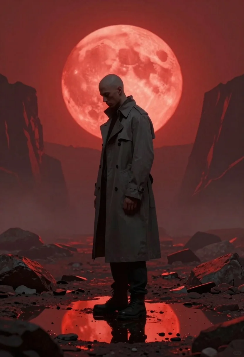 Man standing in desolate landscape under red moon - AI generated image prompt sample