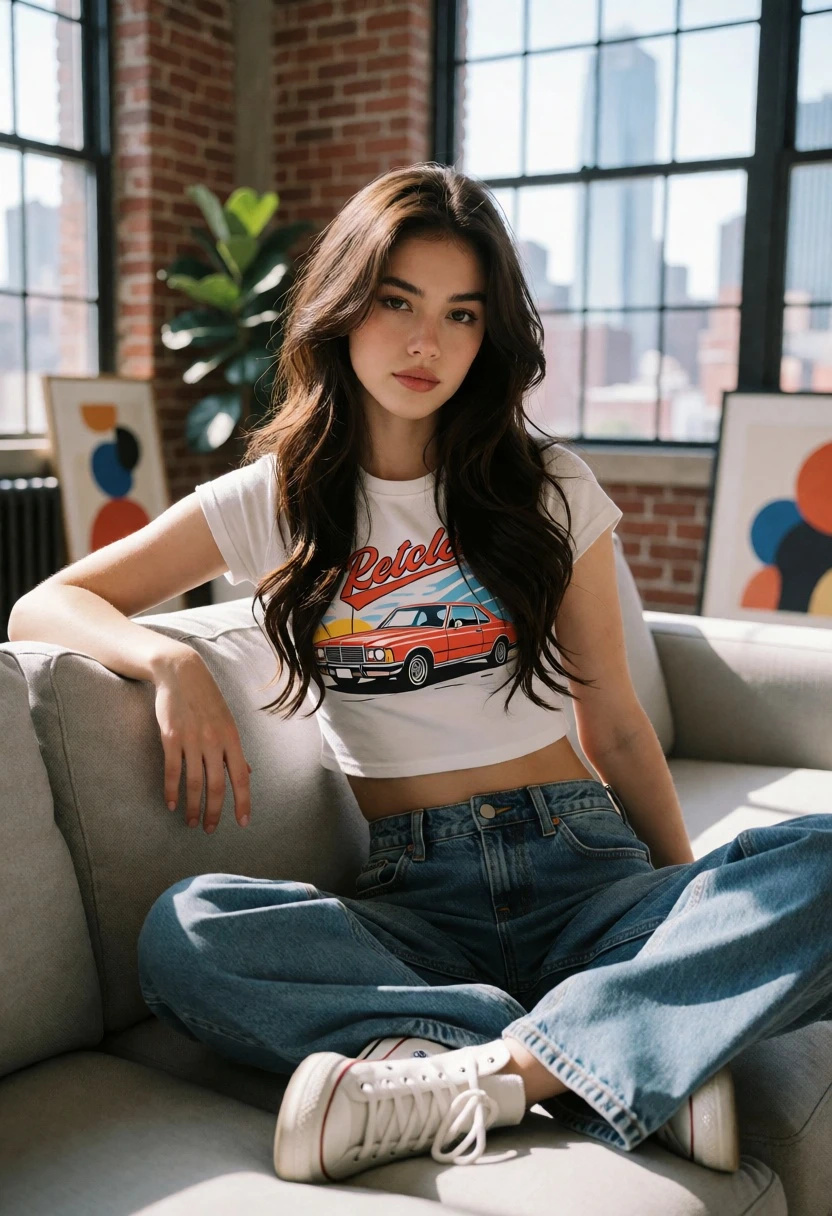 Young woman sitting casually in a modern loft apartment with city view - AI generated image prompt sample