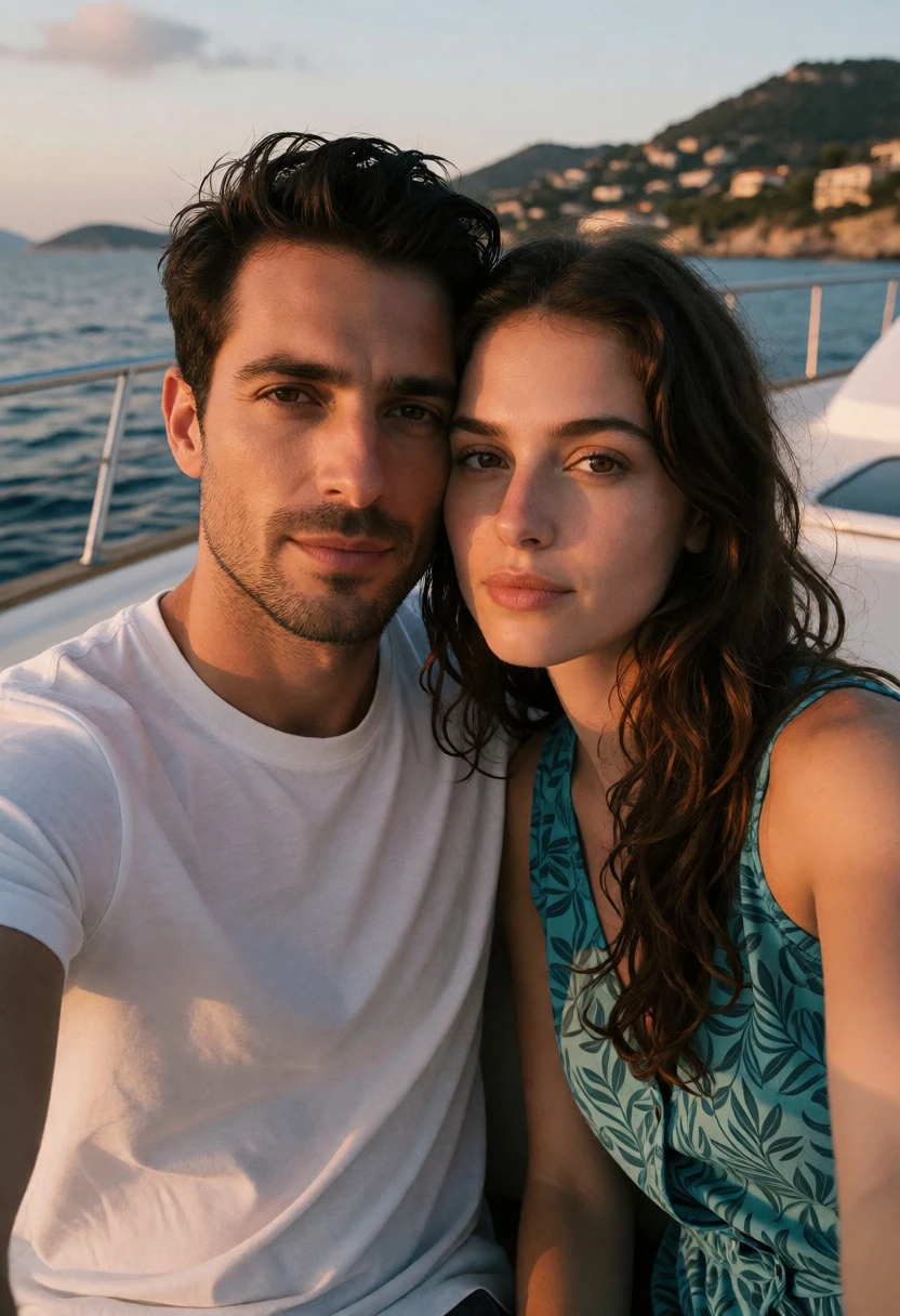 Couple selfie on boat deck at sunset overlooking blue water and hills - AI generated image prompt sample