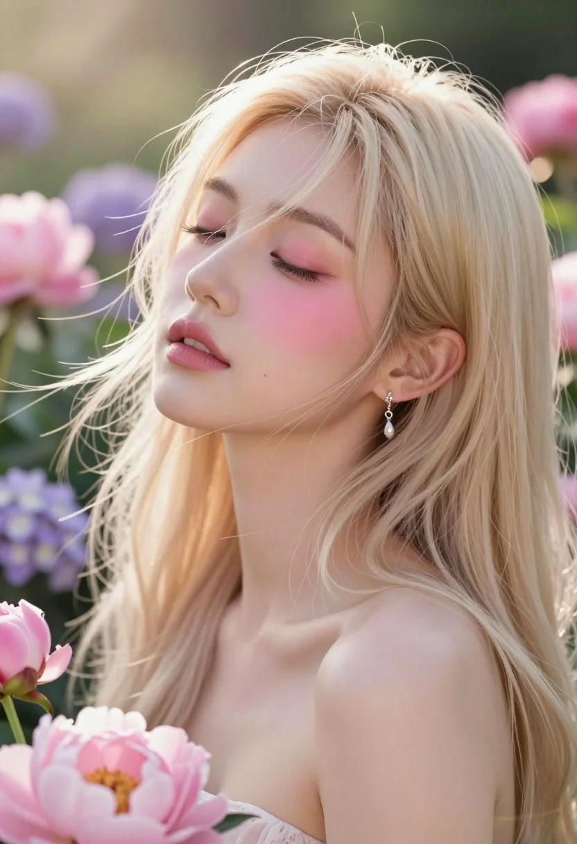 Close up portrait of young woman with blonde hair among pink peonies - AI generated image prompt sample