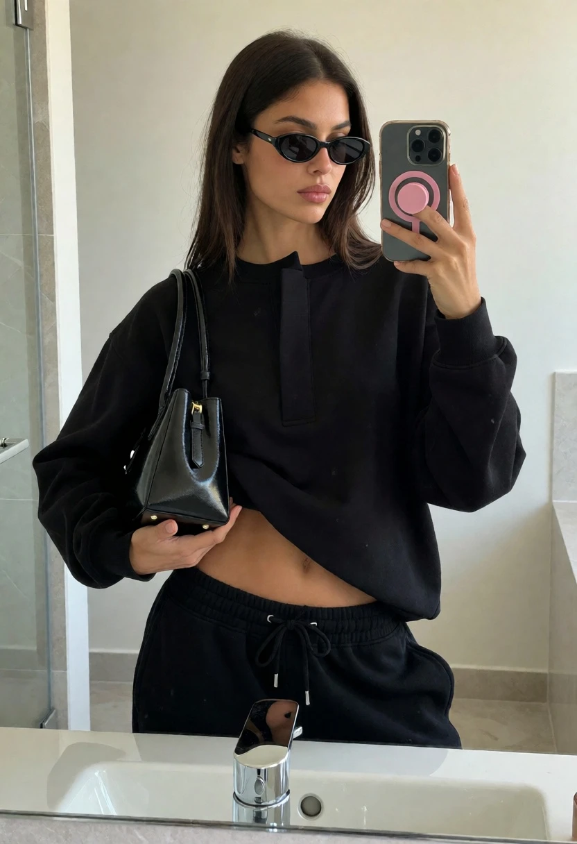 Woman taking mirror selfie in modern bathroom with black handbag - AI generated image prompt sample