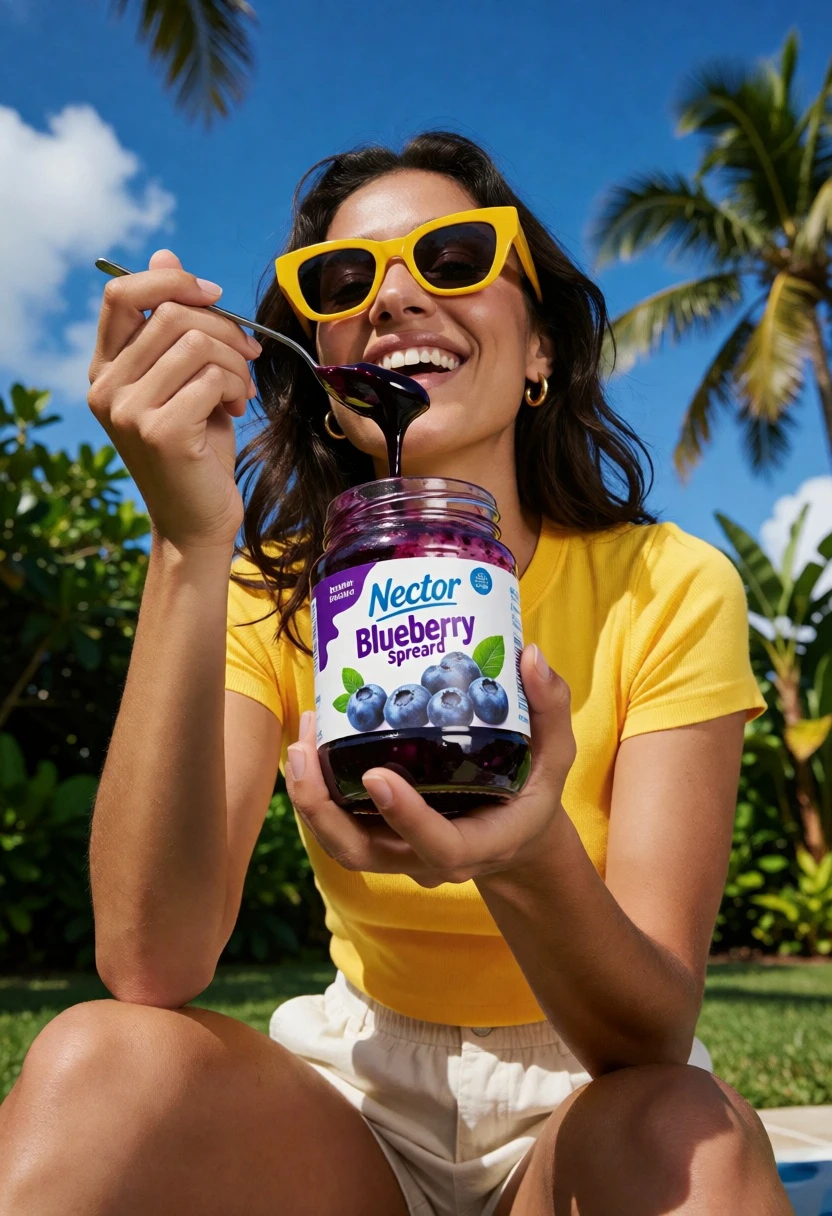 Woman enjoying blueberry spread outdoors under bright blue sky - AI generated image prompt sample