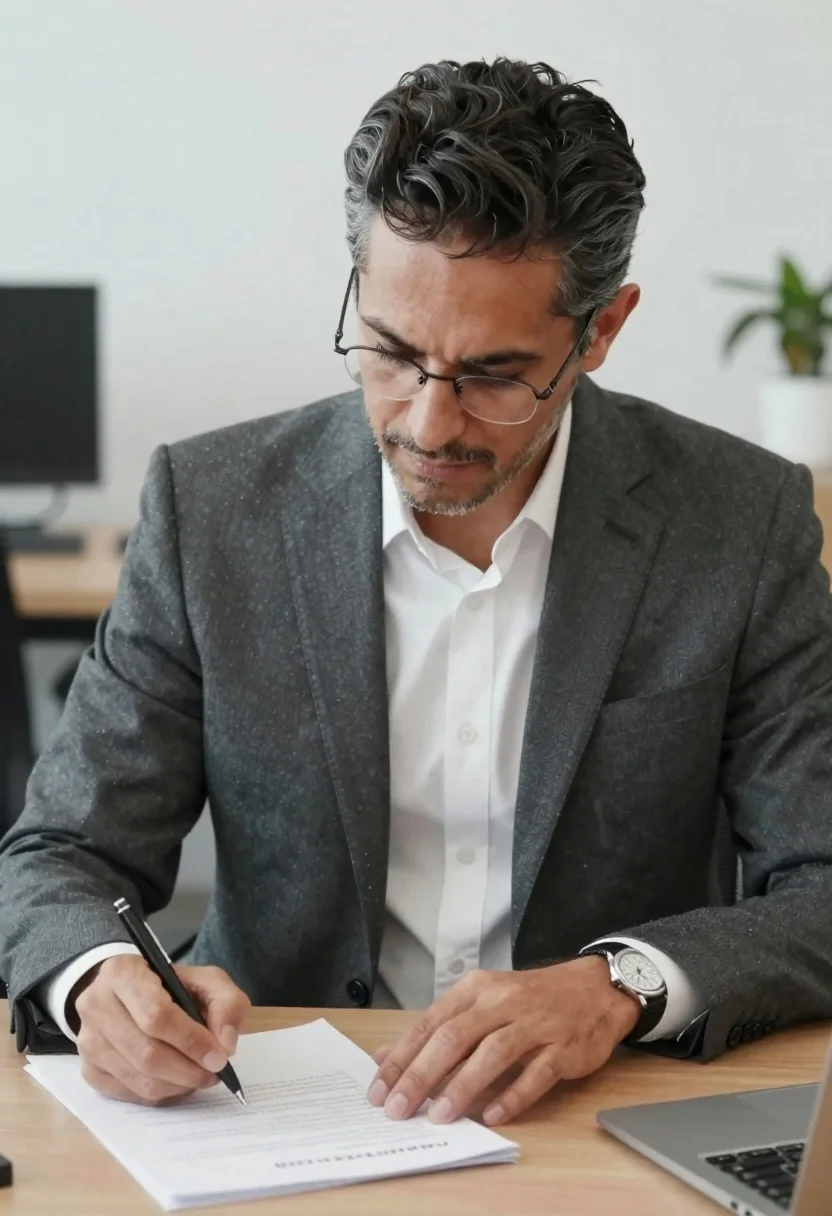 Middle aged man writing at office desk with pen