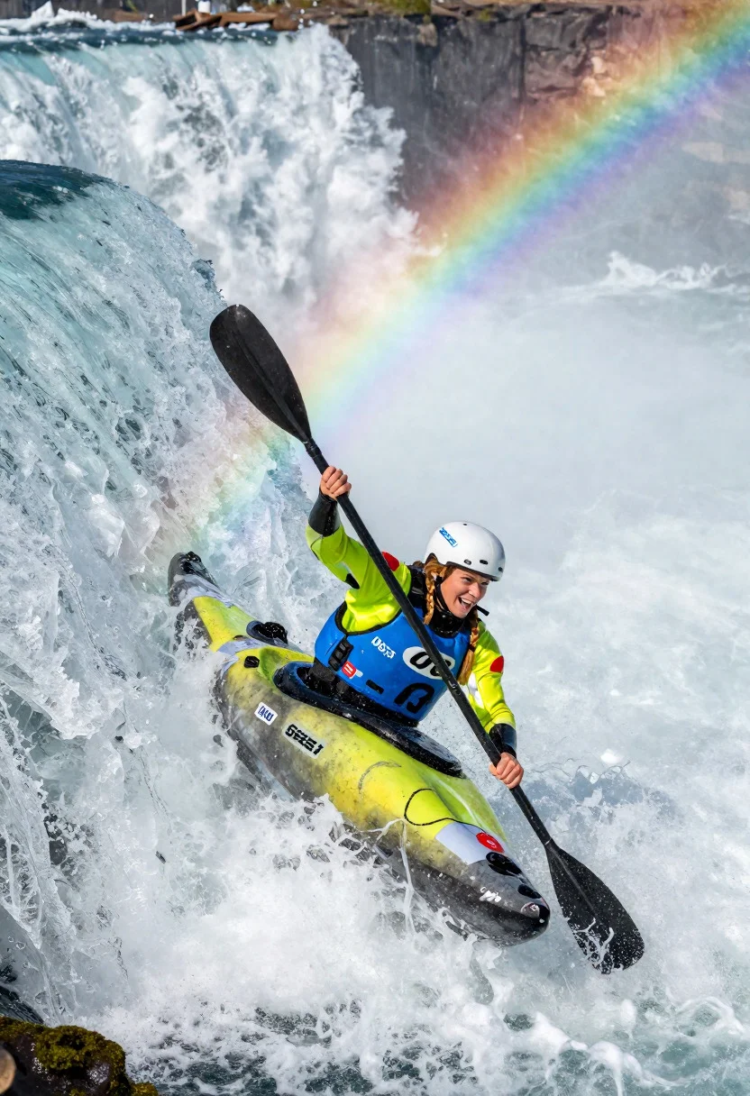 Kayaker woman conquering niagara falls rapids under a vibrant rainbow arch